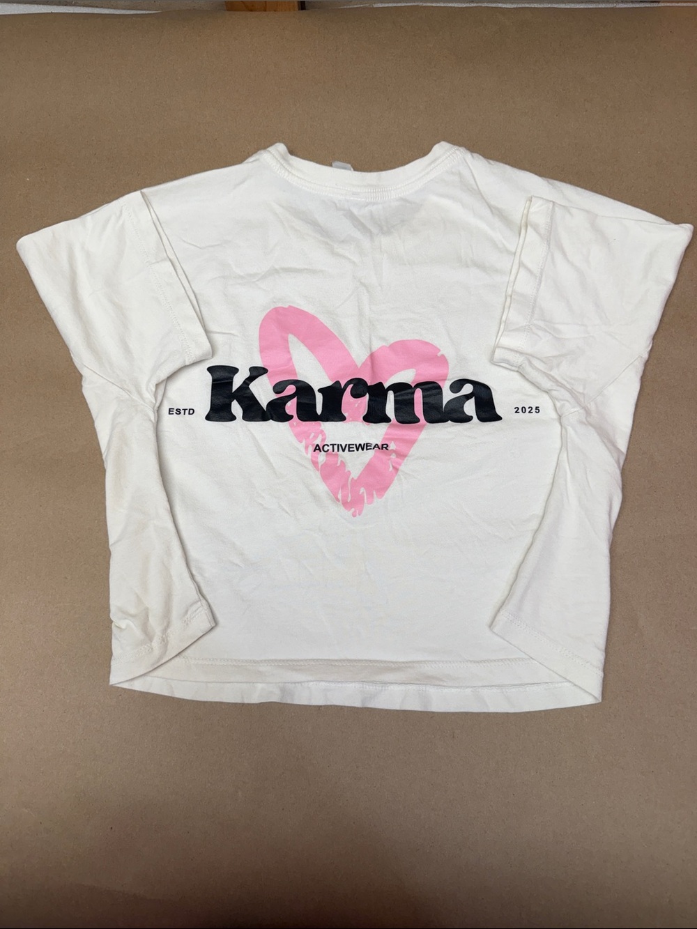 Karma Off White Tee with Pink Heart Graphic